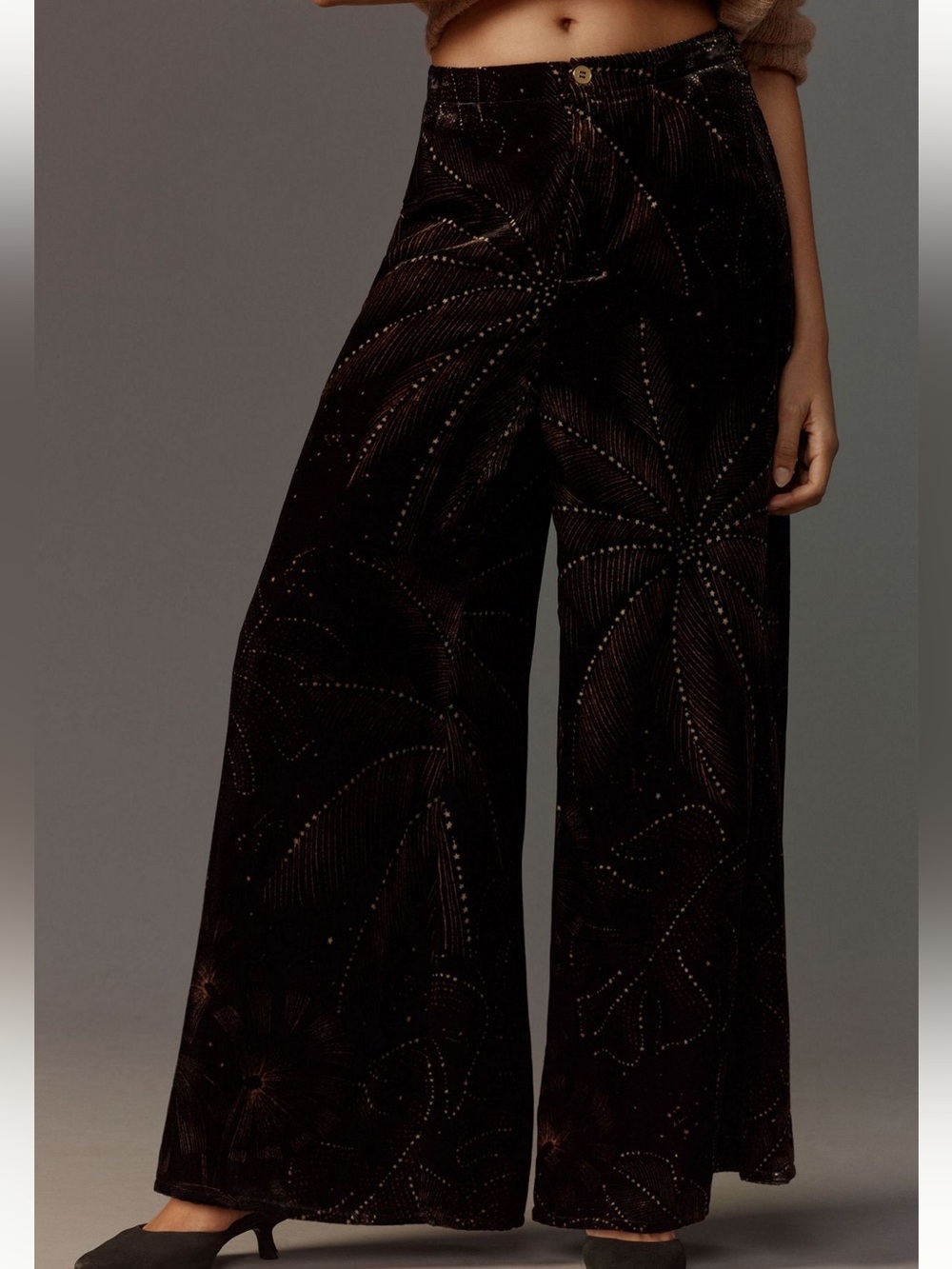 FARM Rio Black Velvet Wide-Leg Jumpsuit Pants with Subtle Starburst Print - Picture 5 of 10